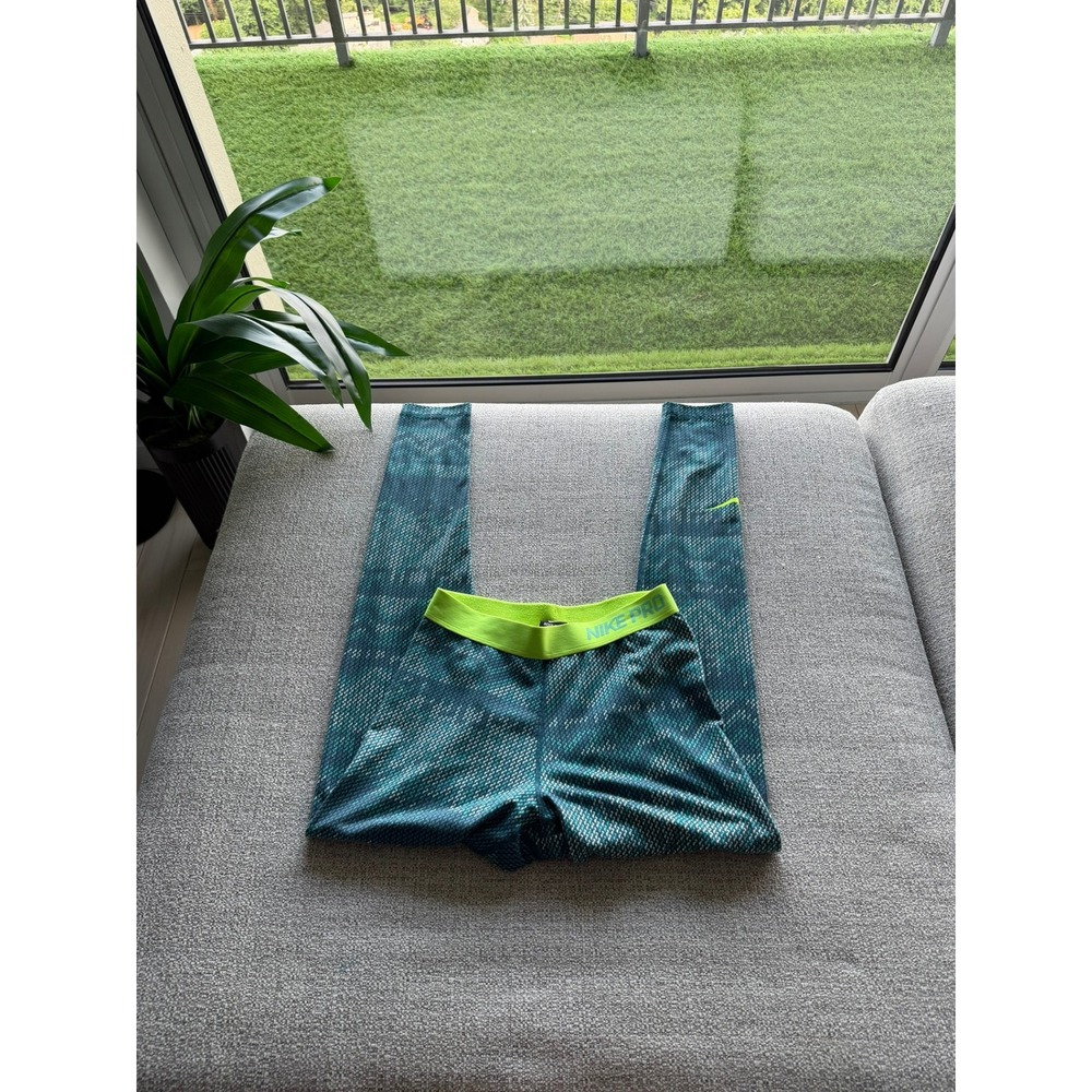 Nike Pro Dri-FIT Women Teal Green Geometric Print‎ Leggings Neon Yellow Waist M